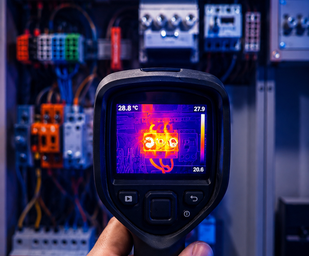 Technische Darstellung einer thermographischen Prüfung.