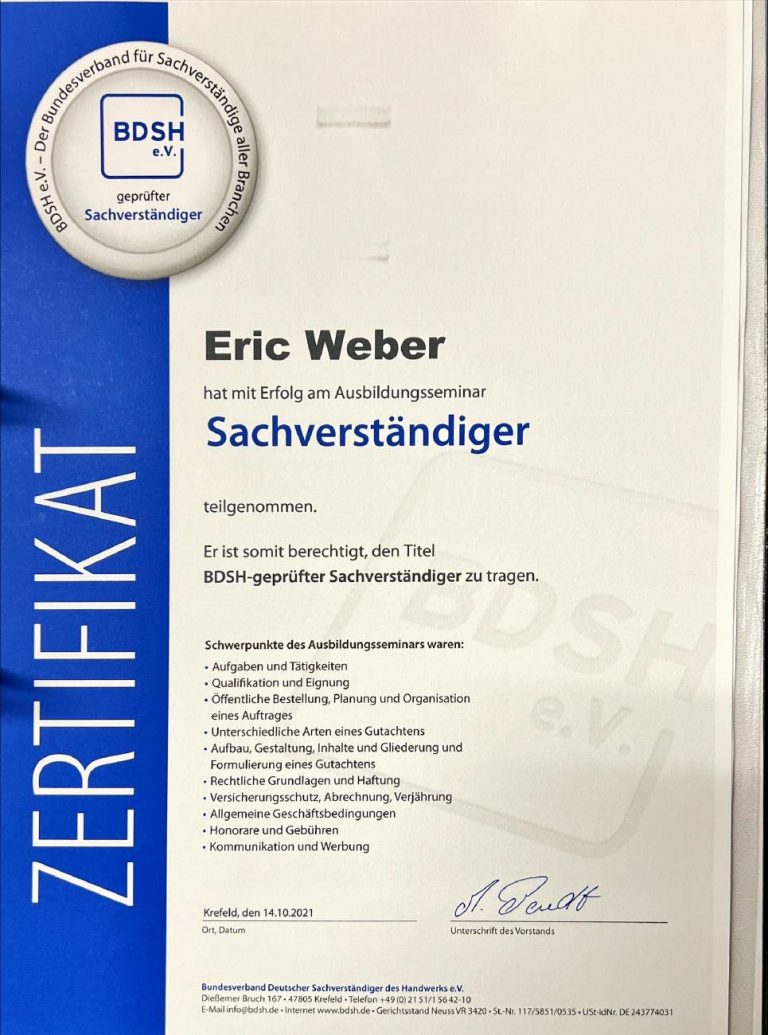 Vorschau des BDSH Sachverständigen-Nachweises von Elektrosicherheit Weber