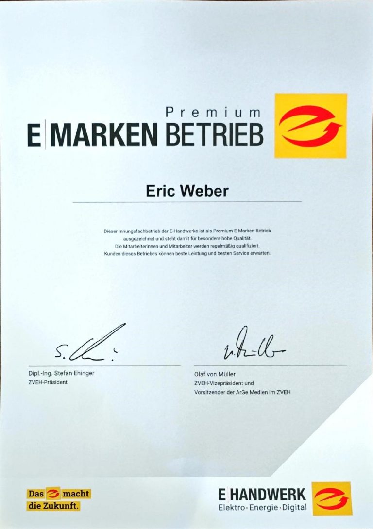 Vorschau des Nachweises Premium E-Markenbetrieb ZVEH von Elektrosicherheit Weber
