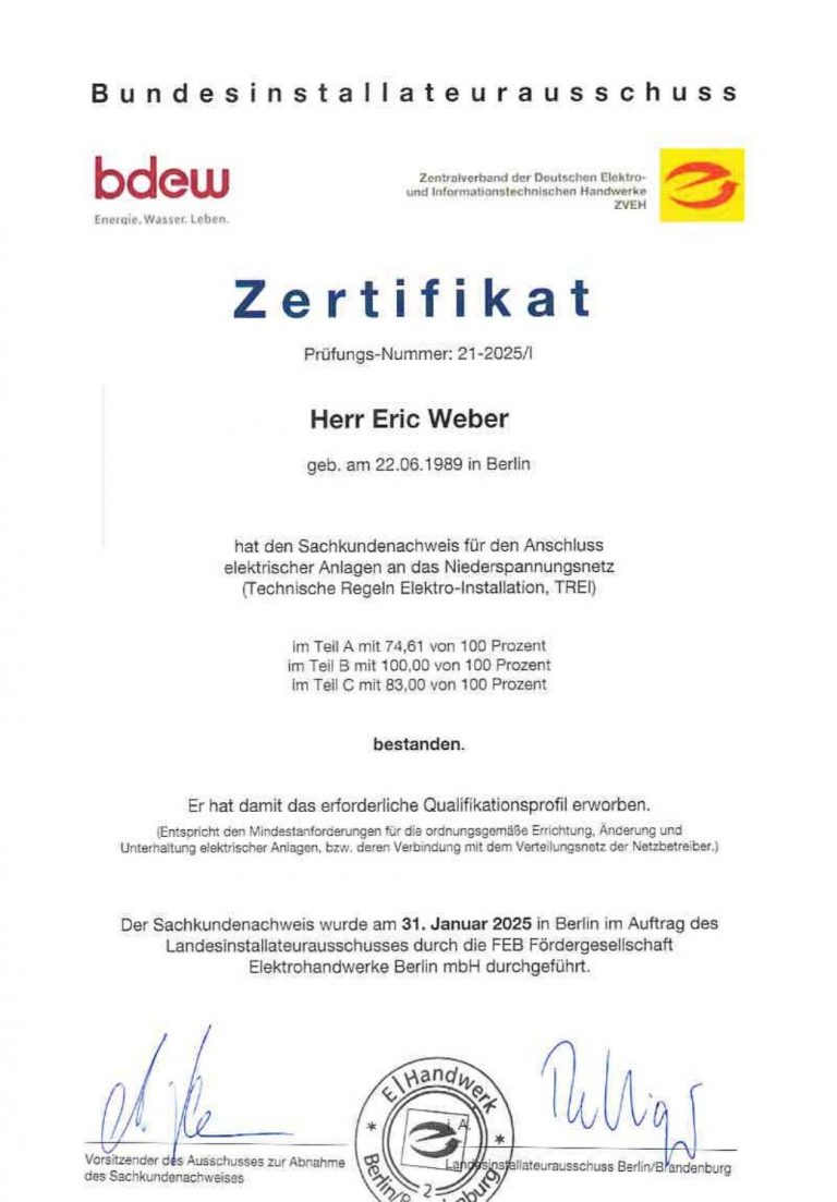 Vorschau des Sachkundenachweises TREI von Elektrosicherheit Weber