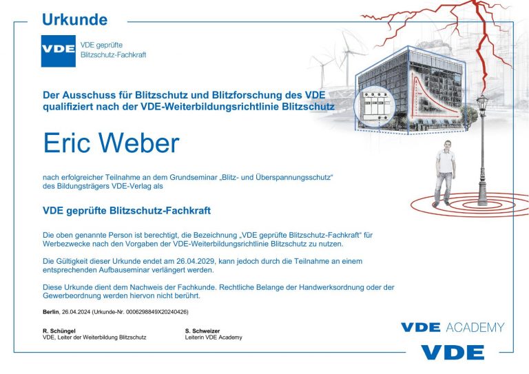 Vorschau des Schulungsnachweises VDE Blitzschutz von Elektrosicherheit Weber